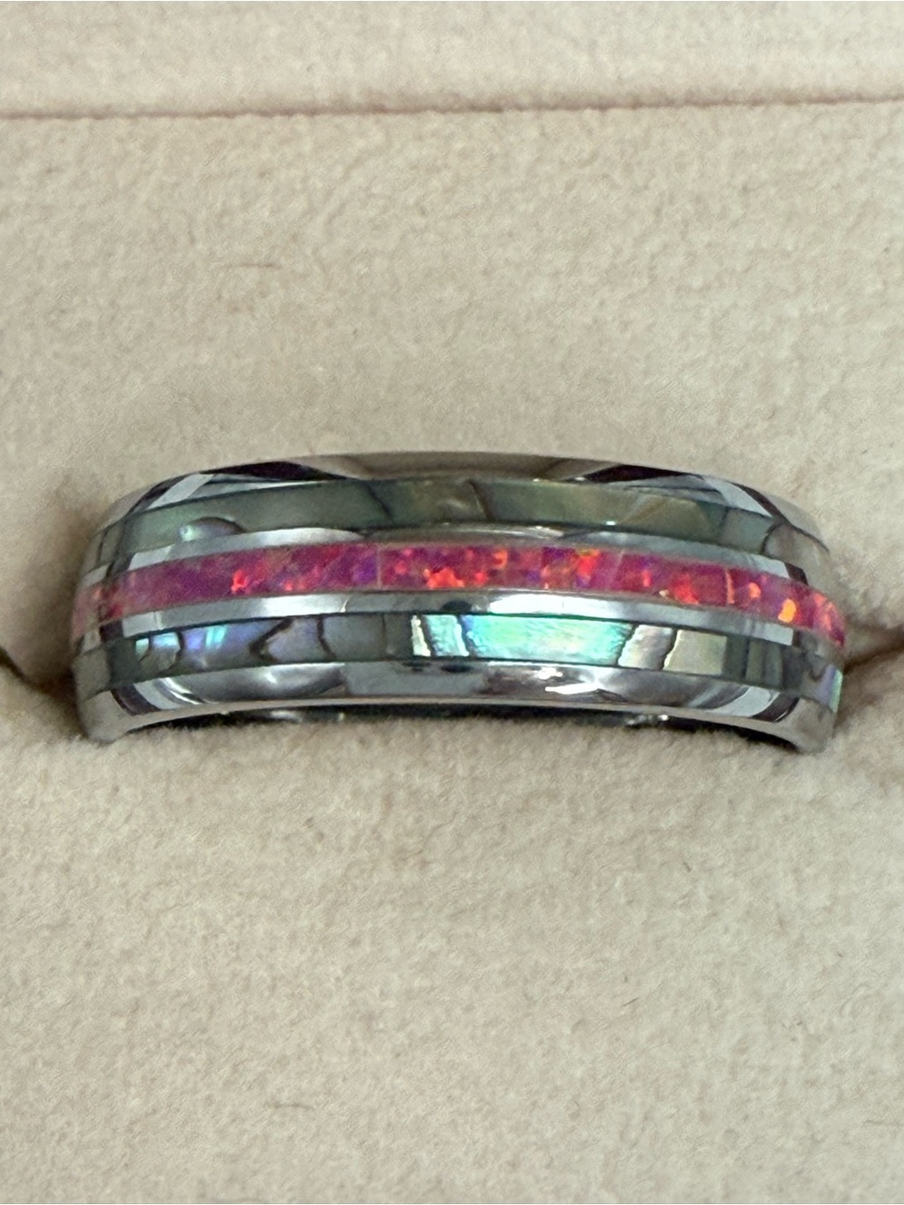 Tungsten Carbide Ring band Carmine Red Opal and Abalone Shell Wedding Engagement